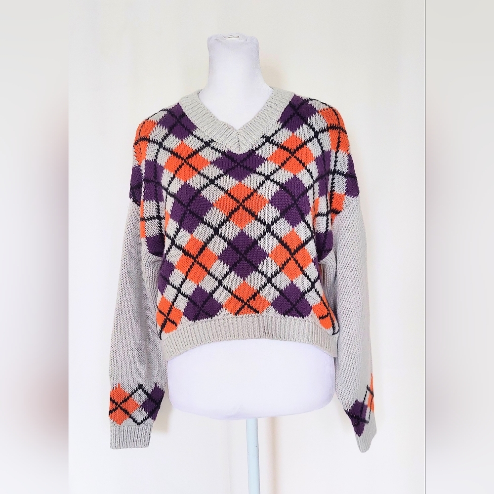 Topshop V Neck Cropped Argyle Sweater Size 2 Gray Purple Orange